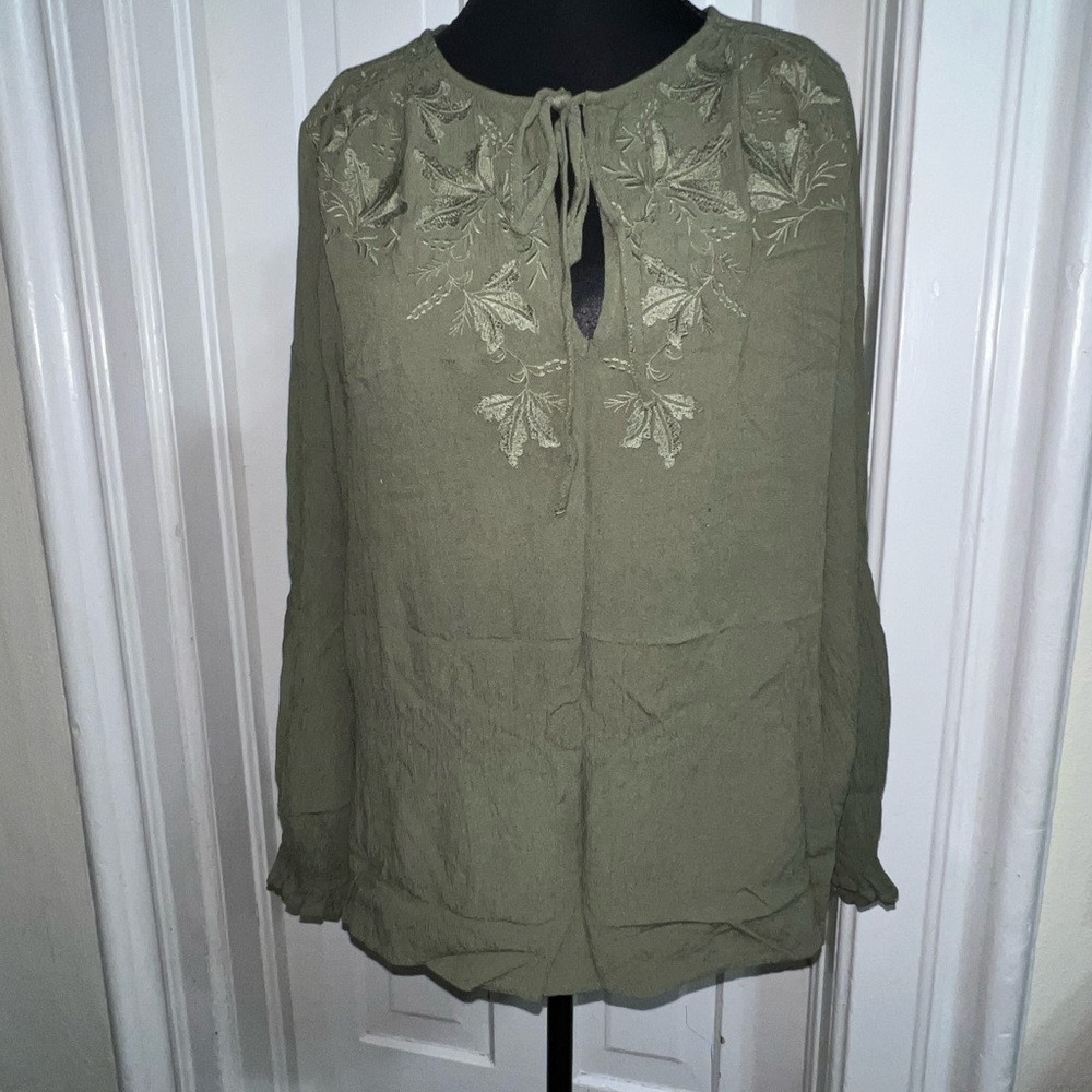 Knox Rose‎ Olive Blouse Womens size large shirt embroidered green long sleeve